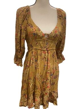 Angie Women’s Gold Green Floral Long sleeve Mini Dress New large